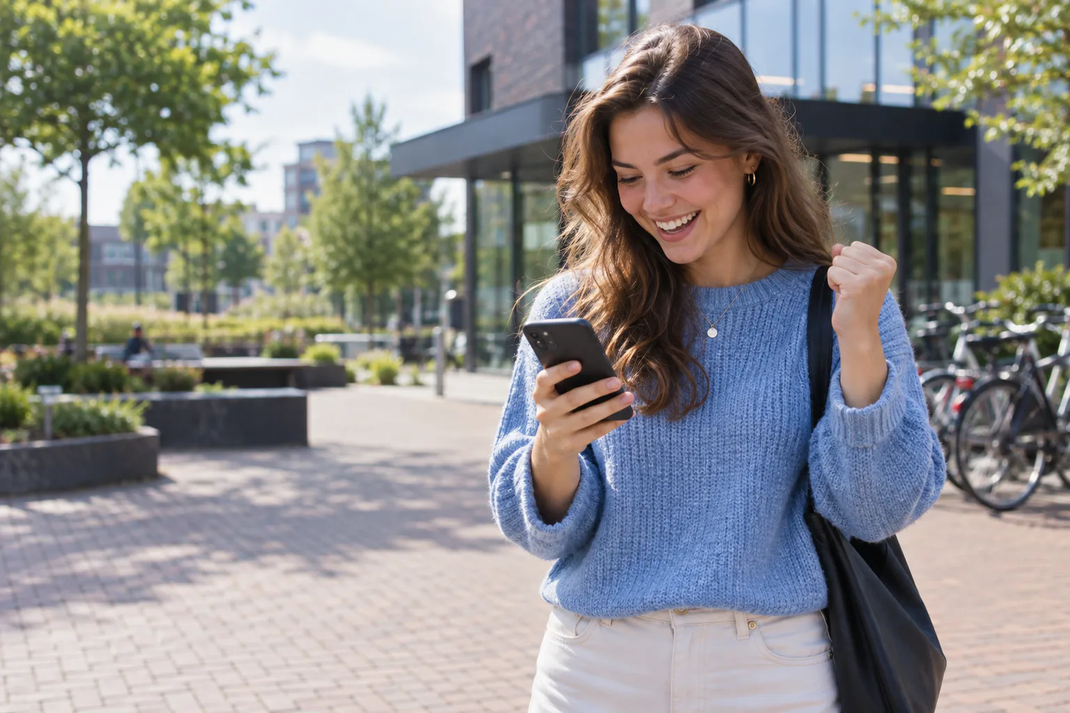 A joyful learner looking at her phone after receiving a positive theory exam result