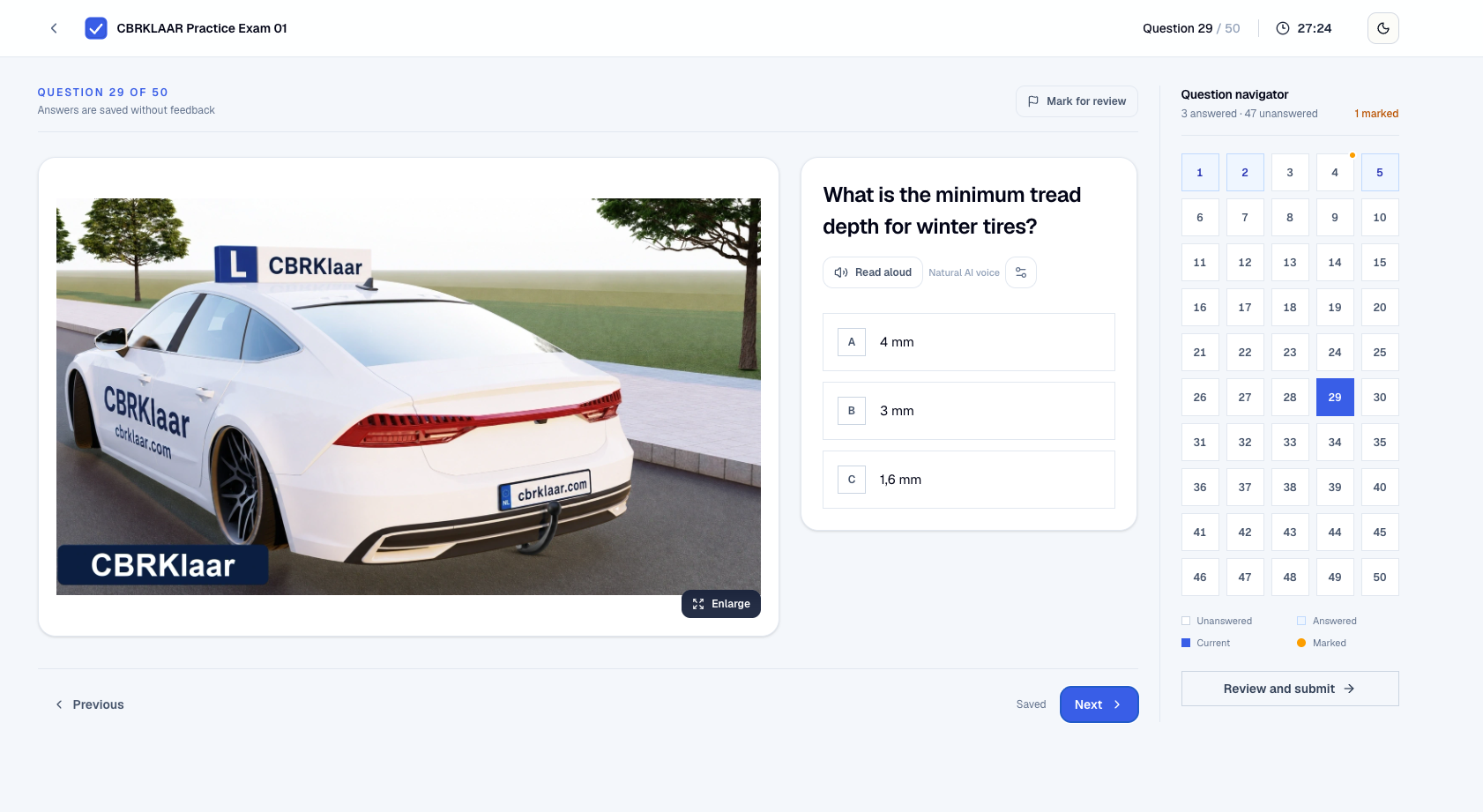 CBRKlaar Practice Exam 01 showing a driving question, answer choices and the 50-question navigator