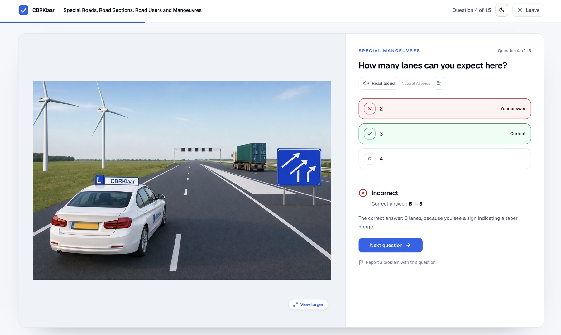 CBRKlaar practice review showing an incorrect answer, the correct answer and an explanation beside a motorway question